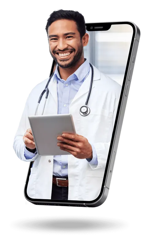 Médico sorrindo na tela de um celular